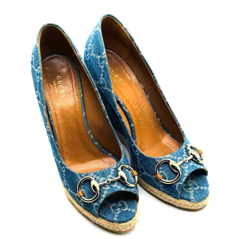 Gucci Denim Monogram Espadrille Wedges Horsebit Blue Size EU 37 - Picture 13 of 15